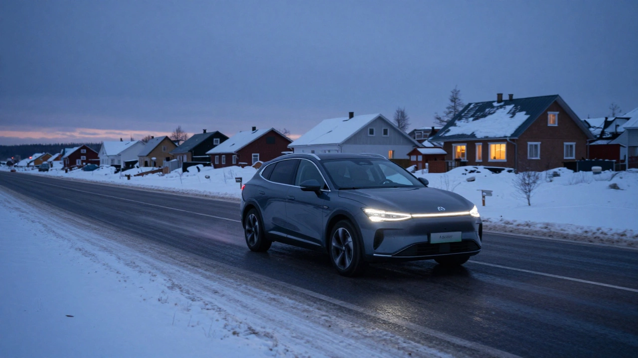 Автомобиль уверенно едет по заснеженной дороге в российском пригороде