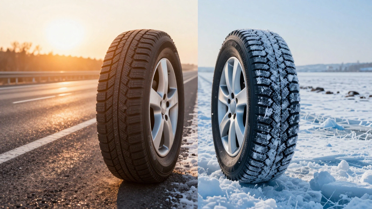 Концептуальное изображение шины в условиях экстремальной жары и сильного мороза