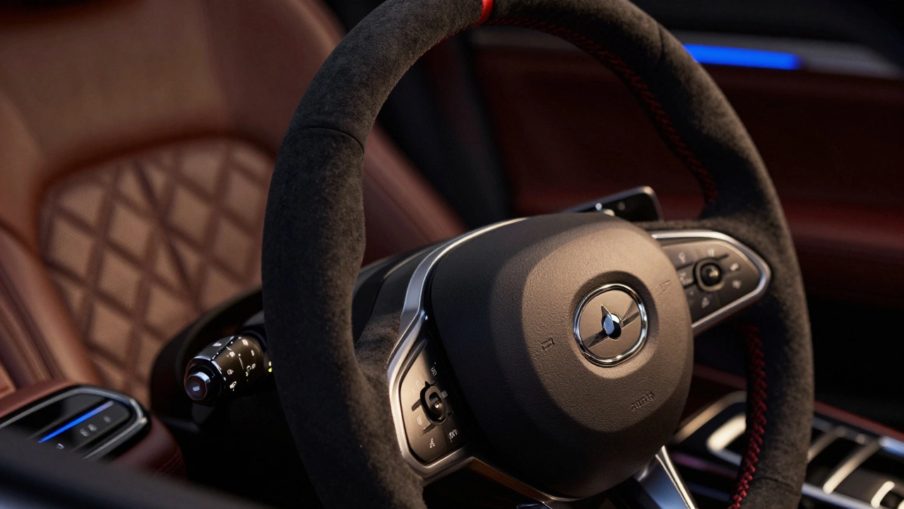 Процесс перетяжки руля автомобиля алькантарой с красной прострочкой в современном салоне