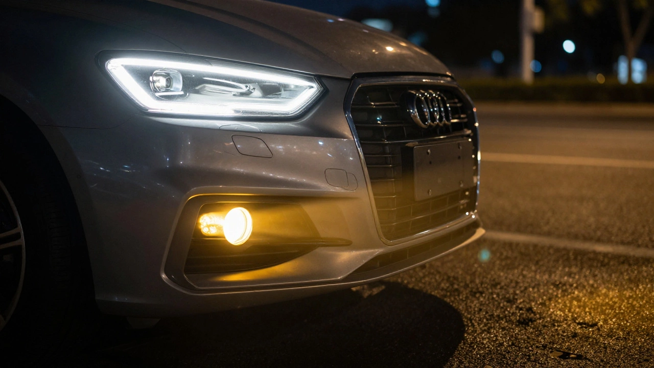 Современный автомобиль с белым основным светом и ярко-желтыми противотуманными фарами