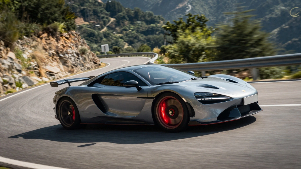 Спортивный автомобиль при резком торможении на серпантине с раскаленным докрасна тормозным диском