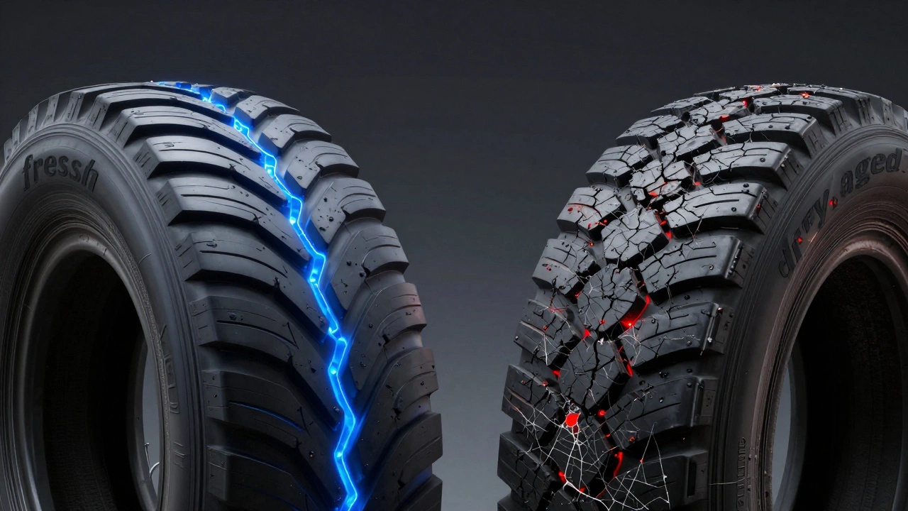 Сравнение структуры новой эластичной резины и старой потрескавшейся шины