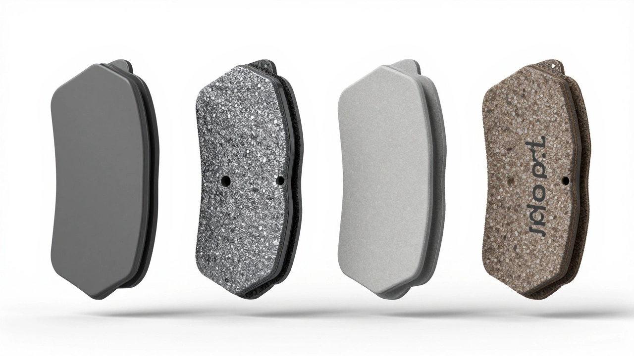 Сравнение текстур четырех типов тормозных колодок: органических, полуметаллических, керамических и спортивных