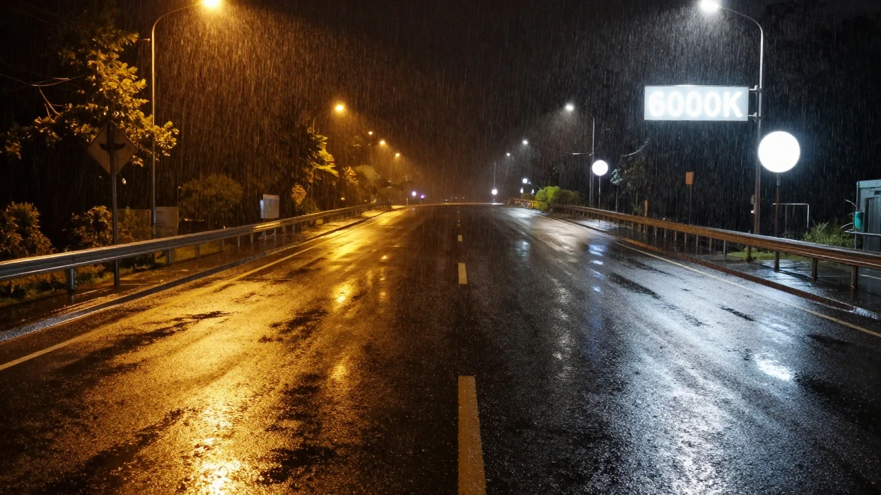 Сравнение желтого галогенового и белого светодиодного света на мокрой дороге