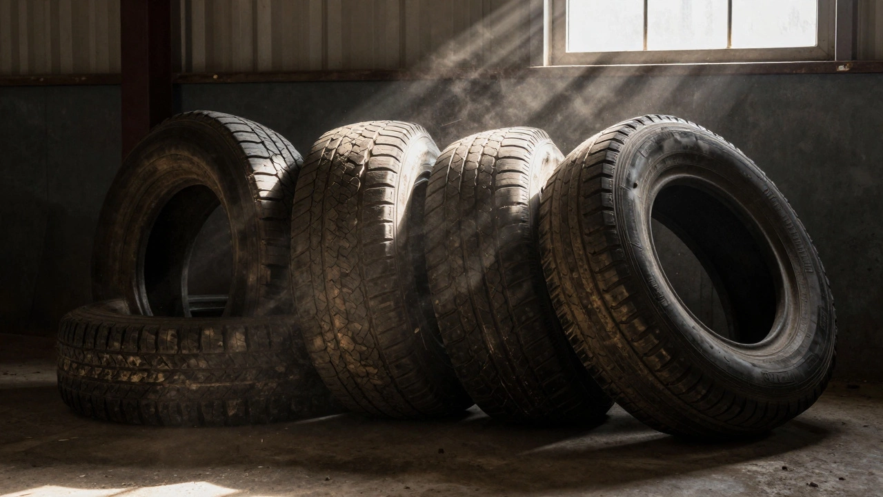 Старые автомобильные шины с признаками старения в пыльном гараже