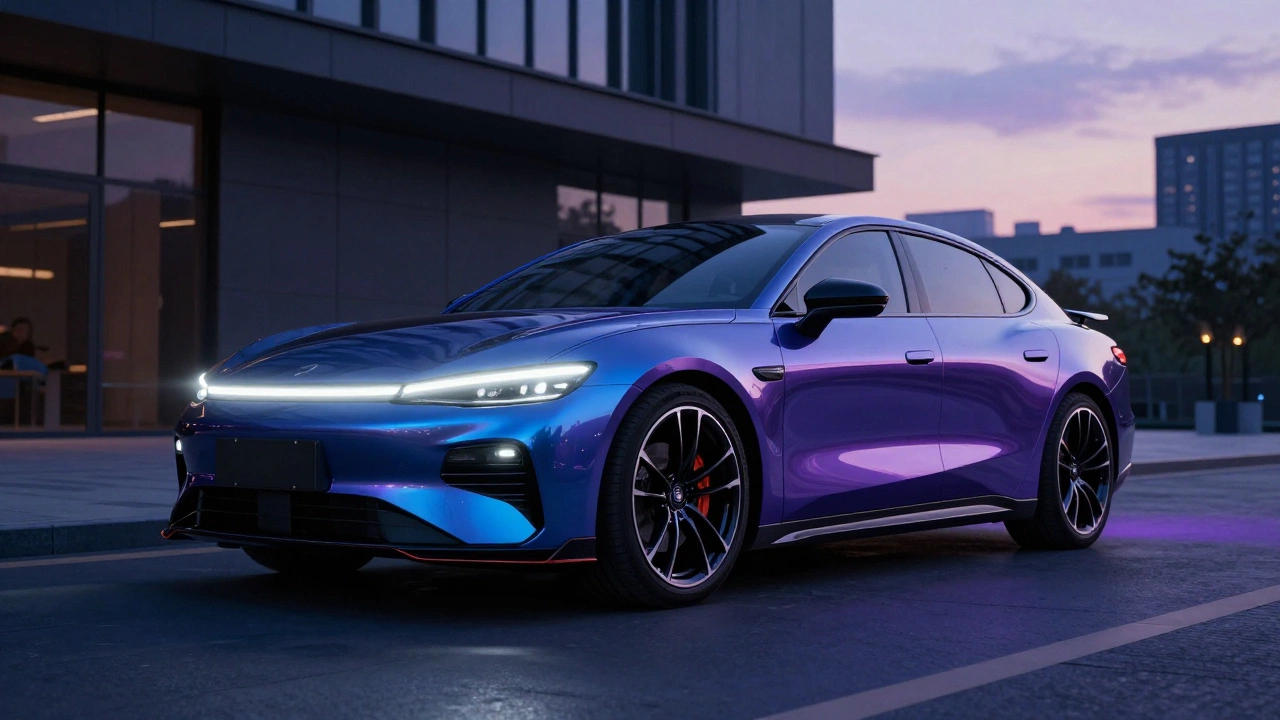 Стильный автомобиль с антихромом и LED-фарами на фоне ночного города