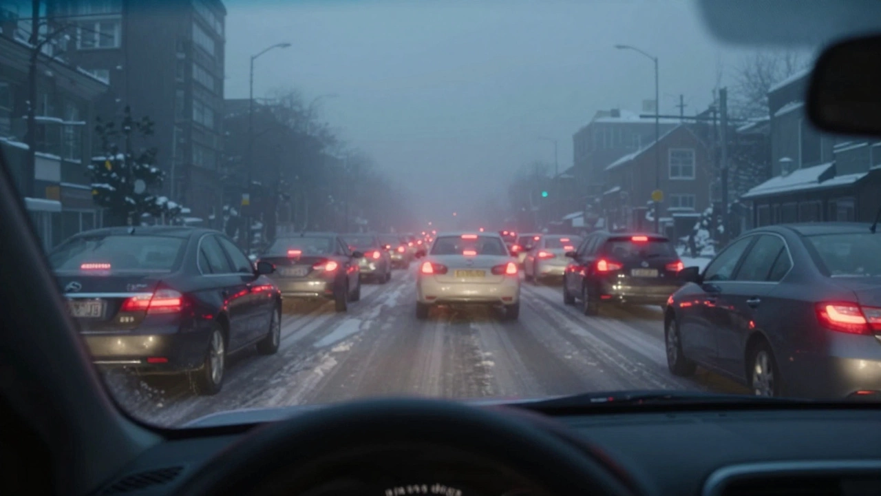 Автомобиль едет в зимних пробках, что ускоряет износ моторного масла