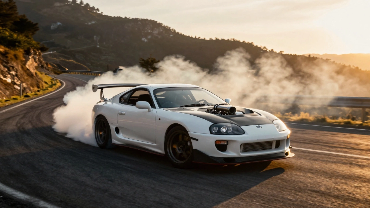 Белый Toyota Supra в заносе на горной дороге закатом