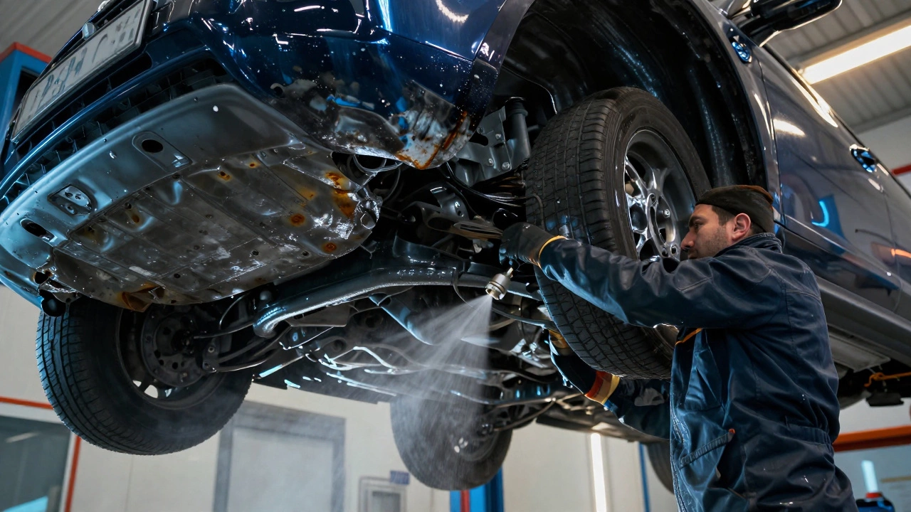 Обработка днища автомобиля антикоррозийным составом в автосервисе