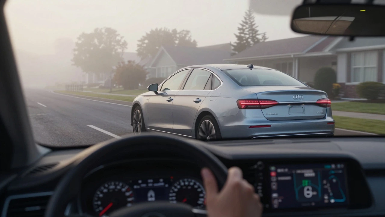 Car driving calmly on a misty road at dawn