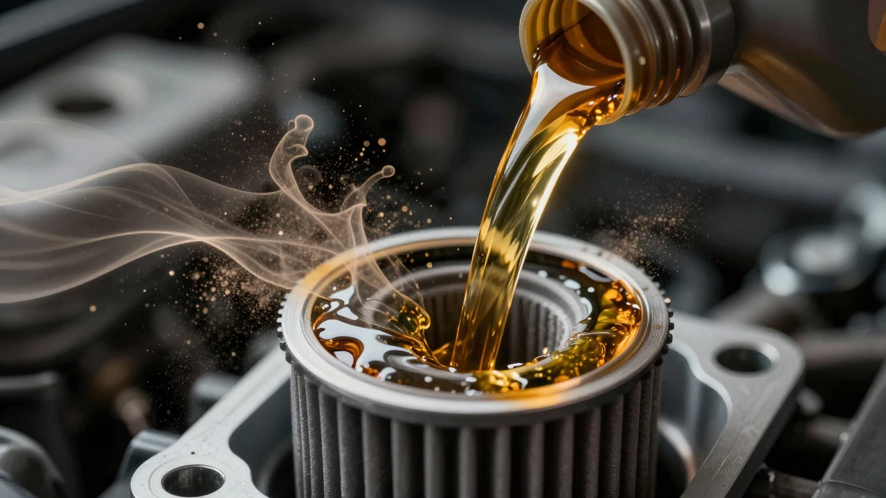 Golden motor oil pouring into a filter with abstract dust repulsion